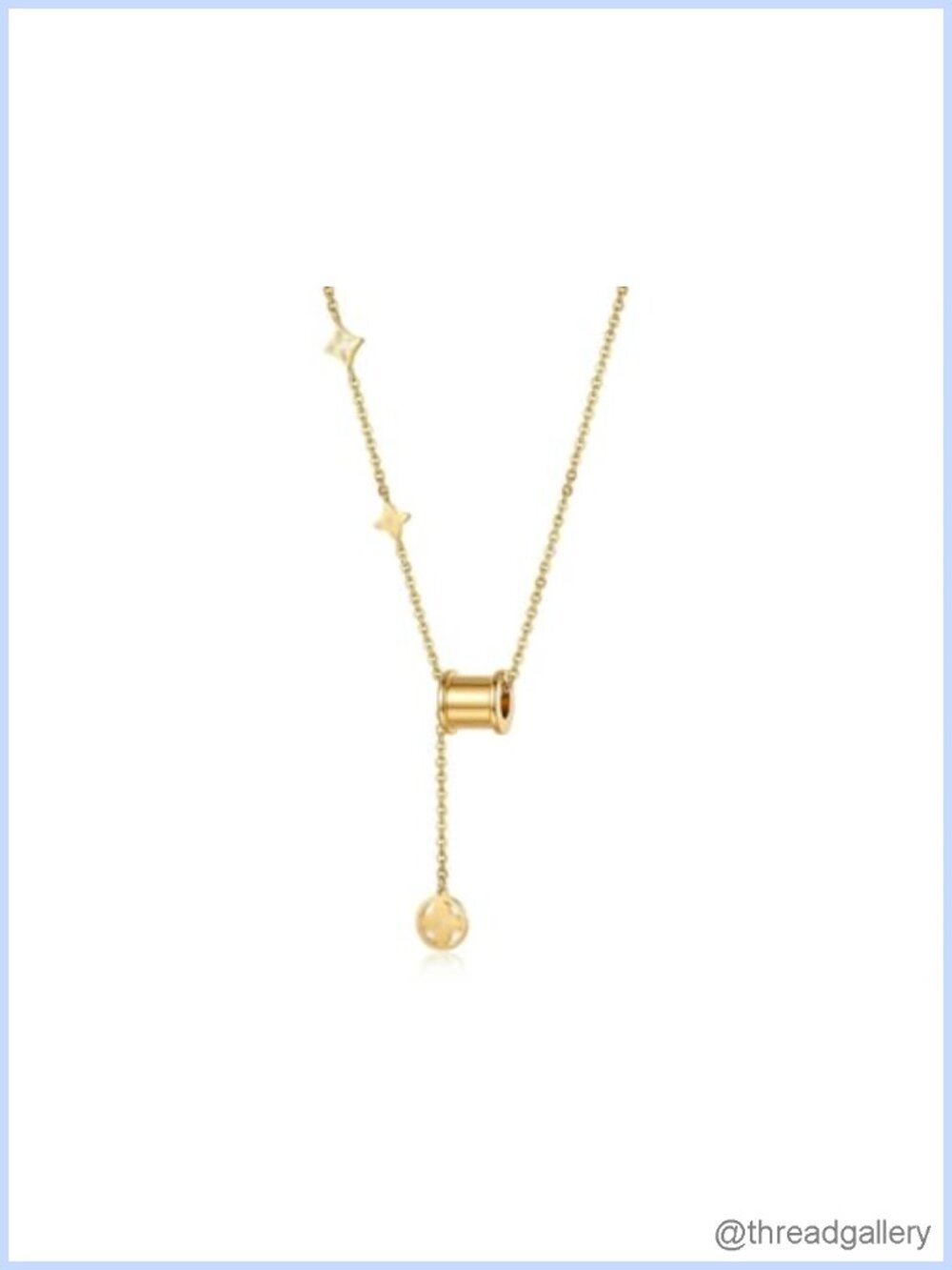Gold Plated Stainless Steel Y-Necklace with Star Charms and Barrel Pendant